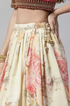 Shubhkala Beige & Peach Colored Dori Zari And Sequins Embroidered & Digital Floral Printed Organza Party Wear Lehenga