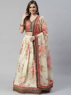 Shubhkala Beige & Peach Colored Dori Zari And Sequins Embroidered & Digital Floral Printed Organza Party Wear Lehenga 5