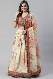 Shubhkala Beige & Peach Colored Dori Zari And Sequins Embroidered & Digital Floral Printed Organza Party Wear Lehenga