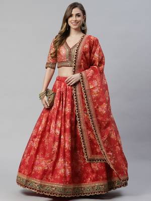 Shubhkala Maroon & Peach Colored Dori Zari And Sequins Embroidered & Digital Floral Printed Organza Party Wear Lehenga 1