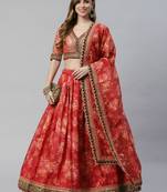 Shubhkala Maroon & Peach Colored Dori Zari And Sequins Embroidered & Digital Floral Printed Organza Party Wear Lehenga