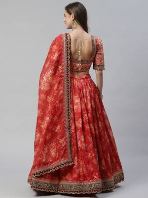 Shubhkala Maroon & Peach Colored Dori Zari And Sequins Embroidered & Digital Floral Printed Organza Party Wear Lehenga 2
