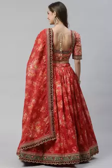 Shubhkala Maroon & Peach Colored Dori Zari And Sequins Embroidered & Digital Floral Printed Organza Party Wear Lehenga