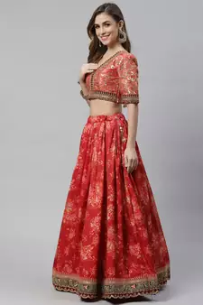 Shubhkala Maroon & Peach Colored Dori Zari And Sequins Embroidered & Digital Floral Printed Organza Party Wear Lehenga