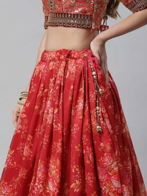 Shubhkala Maroon & Peach Colored Dori Zari And Sequins Embroidered & Digital Floral Printed Organza Party Wear Lehenga 4
