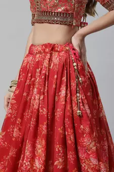 Shubhkala Maroon & Peach Colored Dori Zari And Sequins Embroidered & Digital Floral Printed Organza Party Wear Lehenga