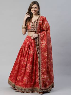 Shubhkala Maroon & Peach Colored Dori Zari And Sequins Embroidered & Digital Floral Printed Organza Party Wear Lehenga 5