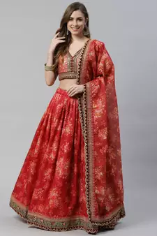 Shubhkala Maroon & Peach Colored Dori Zari And Sequins Embroidered & Digital Floral Printed Organza Party Wear Lehenga