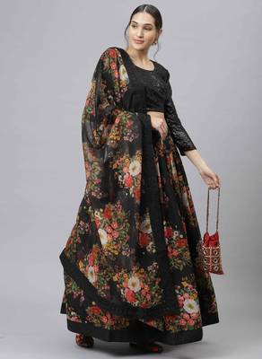 Shubhkala Black Colored Dori Zari And Sequins Embroidered & Digital Floral Printed Organza Wedding Lehenga 1