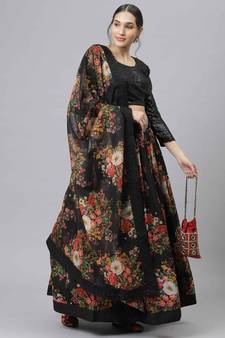 Shubhkala Black Colored Dori Zari And Sequins Embroidered & Digital Floral Printed Organza Wedding Lehenga