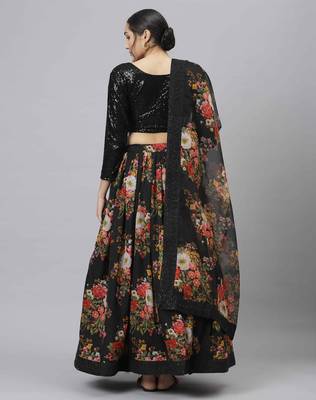 Shubhkala Black Colored Dori Zari And Sequins Embroidered & Digital Floral Printed Organza Wedding Lehenga 2