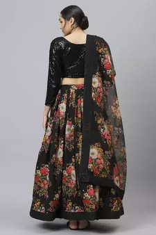 Shubhkala Black Colored Dori Zari And Sequins Embroidered & Digital Floral Printed Organza Wedding Lehenga