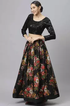 Shubhkala Black Colored Dori Zari And Sequins Embroidered & Digital Floral Printed Organza Wedding Lehenga