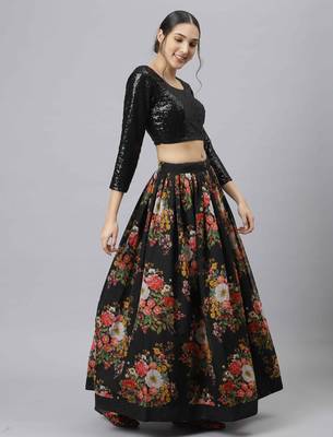 Shubhkala Black Colored Dori Zari And Sequins Embroidered & Digital Floral Printed Organza Wedding Lehenga 4