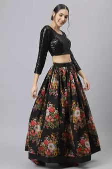 Shubhkala Black Colored Dori Zari And Sequins Embroidered & Digital Floral Printed Organza Wedding Lehenga