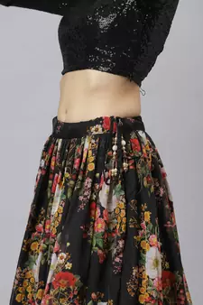 Shubhkala Black Colored Dori Zari And Sequins Embroidered & Digital Floral Printed Organza Wedding Lehenga