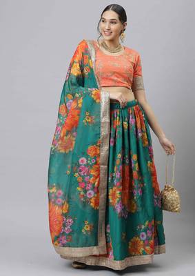 Shubhkala Green & Orange Colored Dori Zari And Sequins Embroidered & Digital Floral Printed Organza Wedding Lehenga 1