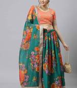 Shubhkala Green & Orange Colored Dori Zari And Sequins Embroidered & Digital Floral Printed Organza Wedding Lehenga