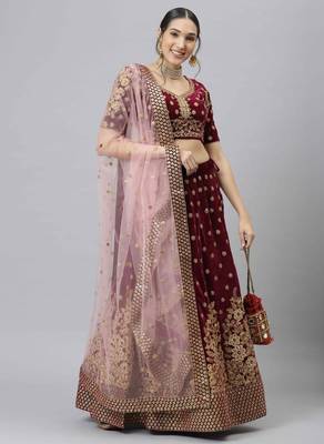 Shubhkala Engaging Purple Zari Sequins And Thread Embroidered Velvet Semi Stitched Dulhan Lehenga 1