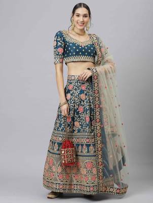 Shubhkala Glamorous Rama Blue Zari Sequins And Thread Embroidered Slub Silk Semi Stitched Wedding Lehenga 1