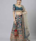 Shubhkala Glamorous Rama Blue Zari Sequins And Thread Embroidered Slub Silk Semi Stitched Wedding Lehenga