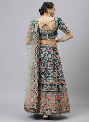 Shubhkala Glamorous Rama Blue Zari Sequins And Thread Embroidered Slub Silk Semi Stitched Wedding Lehenga 2