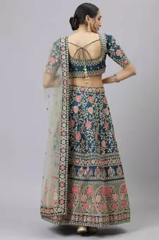 Shubhkala Glamorous Rama Blue Zari Sequins And Thread Embroidered Slub Silk Semi Stitched Wedding Lehenga