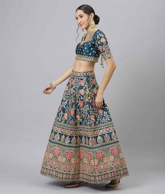 Shubhkala Glamorous Rama Blue Zari Sequins And Thread Embroidered Slub Silk Semi Stitched Wedding Lehenga 3