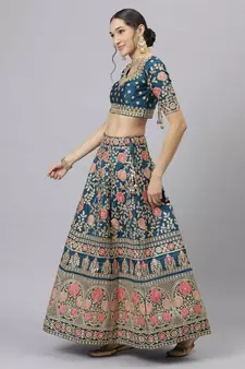 Shubhkala Glamorous Rama Blue Zari Sequins And Thread Embroidered Slub Silk Semi Stitched Wedding Lehenga