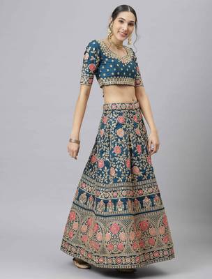 Shubhkala Glamorous Rama Blue Zari Sequins And Thread Embroidered Slub Silk Semi Stitched Wedding Lehenga 4