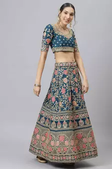 Shubhkala Glamorous Rama Blue Zari Sequins And Thread Embroidered Slub Silk Semi Stitched Wedding Lehenga