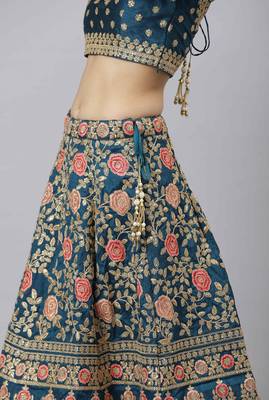 Shubhkala Glamorous Rama Blue Zari Sequins And Thread Embroidered Slub Silk Semi Stitched Wedding Lehenga 5