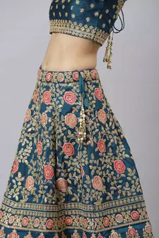 Shubhkala Glamorous Rama Blue Zari Sequins And Thread Embroidered Slub Silk Semi Stitched Wedding Lehenga