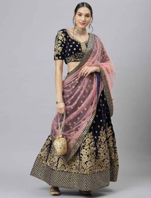 Shubhkala Mesmerizing Navy Blue Zari Sequins And Thread Embroidered Velvet Semi Stitched Wedding Lehenga 1