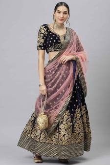 Shubhkala Mesmerizing Navy Blue Zari Sequins And Thread Embroidered Velvet Semi Stitched Wedding Lehenga