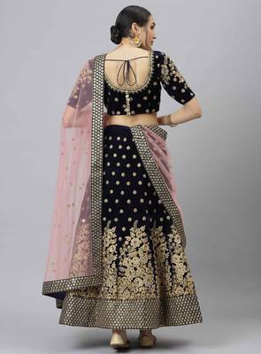 Shubhkala Mesmerizing Navy Blue Zari Sequins And Thread Embroidered Velvet Semi Stitched Wedding Lehenga 2