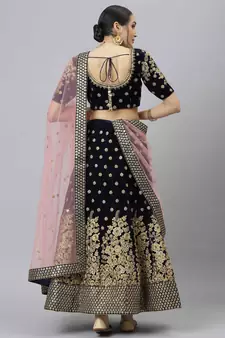 Shubhkala Mesmerizing Navy Blue Zari Sequins And Thread Embroidered Velvet Semi Stitched Wedding Lehenga