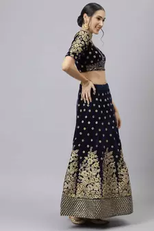 Shubhkala Mesmerizing Navy Blue Zari Sequins And Thread Embroidered Velvet Semi Stitched Wedding Lehenga