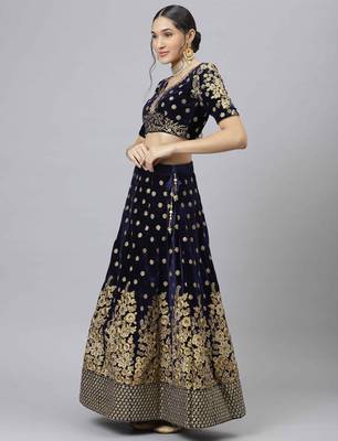 Shubhkala Mesmerizing Navy Blue Zari Sequins And Thread Embroidered Velvet Semi Stitched Wedding Lehenga 4