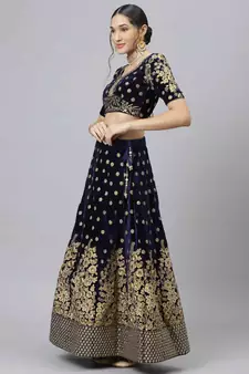 Shubhkala Mesmerizing Navy Blue Zari Sequins And Thread Embroidered Velvet Semi Stitched Wedding Lehenga