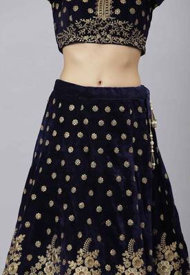 Shubhkala Mesmerizing Navy Blue Zari Sequins And Thread Embroidered Velvet Semi Stitched Wedding Lehenga 5