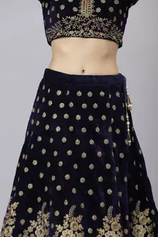 Shubhkala Mesmerizing Navy Blue Zari Sequins And Thread Embroidered Velvet Semi Stitched Wedding Lehenga