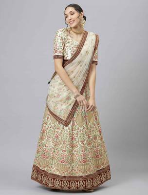 Shubhkala Marvelous Off White Zari Sequins And Thread Embroidered Art Silk Semi Stitched Bridal Lehenga 1