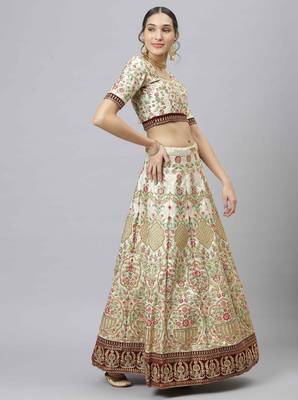 Shubhkala Marvelous Off White Zari Sequins And Thread Embroidered Art Silk Semi Stitched Bridal Lehenga 4