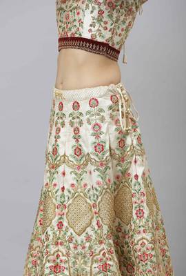 Shubhkala Marvelous Off White Zari Sequins And Thread Embroidered Art Silk Semi Stitched Bridal Lehenga 5
