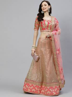 Shubhkala Hypnotizing Pink Zari Sequins And Thread Embroidered Net Semi Stitched Bridal Lehenga 1