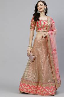 Shubhkala Hypnotizing Pink Zari Sequins And Thread Embroidered Net Semi Stitched Bridal Lehenga