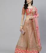 Shubhkala Hypnotizing Pink Zari Sequins And Thread Embroidered Net Semi Stitched Bridal Lehenga
