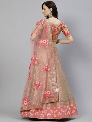 Shubhkala Hypnotizing Pink Zari Sequins And Thread Embroidered Net Semi Stitched Bridal Lehenga 2
