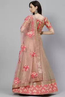 Shubhkala Hypnotizing Pink Zari Sequins And Thread Embroidered Net Semi Stitched Bridal Lehenga